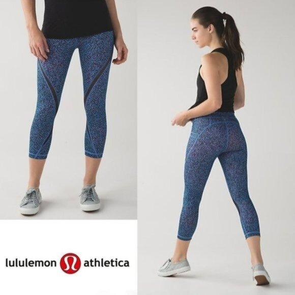 Lululemon Free Flow Crop Leggings Size 6 Flashback Static Powder Pink Kayak Blue - Picture 1 of 7